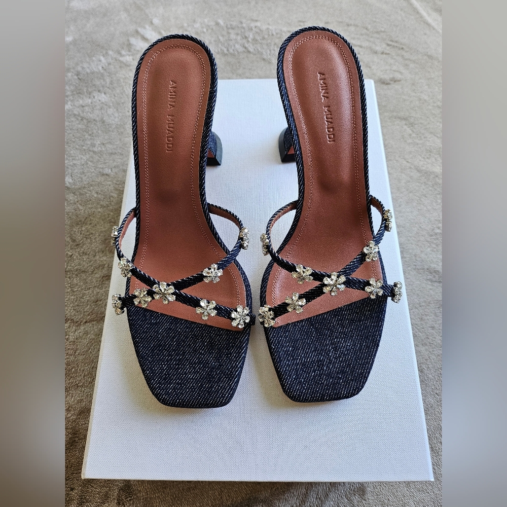 Amina Muaddi Lily Denim Slipper/Heel 70 mm, Flower crystals, Size 37.5